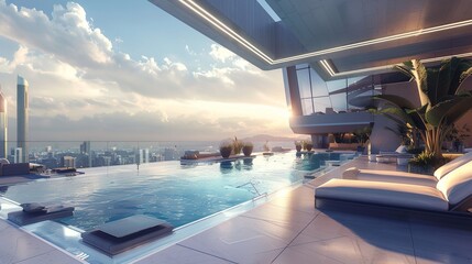 Dive into sophistication with this AI-crafted image of a rooftop pool deck, featuring a sleek geometric design, infinity edge, panoramic city views, and chic lounge furniture.