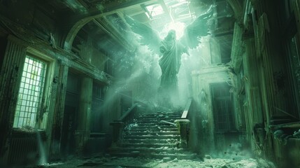 Angelic Sentinel in Haunted Spaceborne Mansion: A Beacon of Hope Against Cosmic Horrors - obrazy, fototapety, plakaty