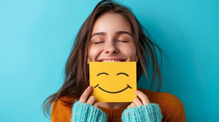Photo of young girl holding a sign in front of her. The sign features a smiling emoticon. Positive mood concept - obrazy, fototapety, plakaty