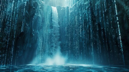 digital waterfalls, blue matrix binary code Cascading Through  waterfall. 
