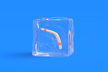 Frozen boomerang in ice cube. 3d illustration