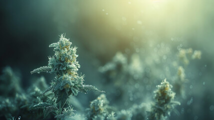 An ethereal capture of a cannabis plant with glistening dew reflecting sunlight, conveying a sense of natural allure and mystery