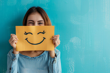 Photo of young girl holding a sign in front of her. The sign features a smiling emoticon. Positive mood concept - obrazy, fototapety, plakaty