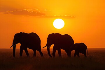Fototapeta na wymiar Family Of Elephants Against An African Sunset