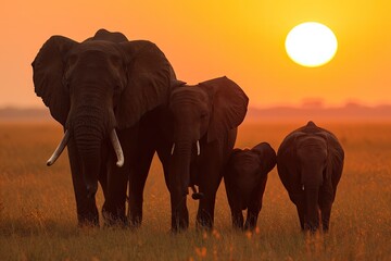 Fototapeta na wymiar Family Of Elephants Against An African Sunset