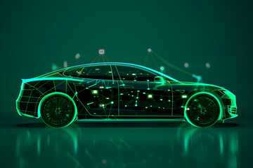 Fototapeta premium An electric vehicle with a dynamic silhouette, partially covered by an opaque overlay of green tech symbols, against a lime green background.