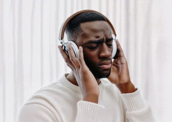 Afo-American man wearing jacket listens to music wearing headphones african black - 759074577