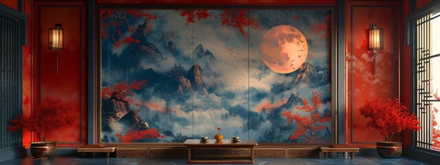 a painting of mountains and moon - obrazy, fototapety, plakaty