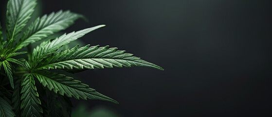 Single cannabis leaf in the foreground with a dark, atmospheric background highlighting its details - obrazy, fototapety, plakaty