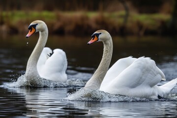Pair Of Swans Gracefully Gliding On A Lake