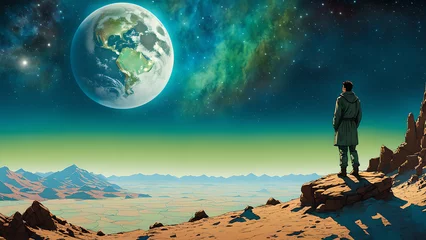 Fotobehang Space landscape on an alien planet. An adventurous man explores space. © Maniockus