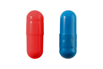 Blue and red capsule or pill isolated on white background.