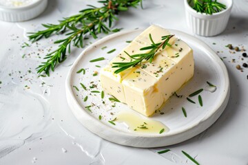 Fresh Organic Butter Sprinkled with Herbs on White Plate