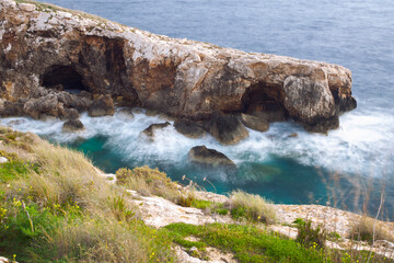 Amazing view of the rocks of Gozo and mediterranean sea on long exposure, Malta