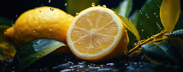 Fresh lemon with drops of water , close up