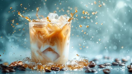 a glass of iced coffee with ice cubes and coffee beans