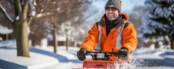 Road worker, winter maintenance worker removes snow with a blower. Orange safety reflect suit.