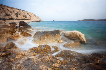 Amazing view of the rocks of Gozo and mediterranean sea on long exposure, Malta