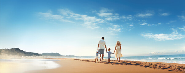 Fototapeta premium Happy young family on the amazing beach during sunny summer holiday day