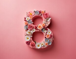the number eight is composed of bright colors on a pink background, the concept of congratulations on International Women's Day, Birthday, anniversary