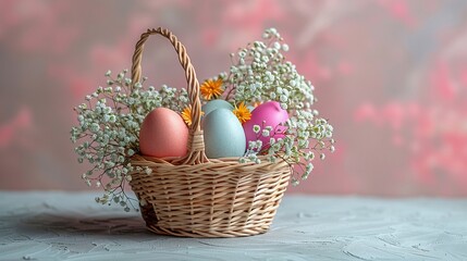 Fototapeta na wymiar AI Generated Painted eggs with lovely flower in a basket for Happy Easter holiday.