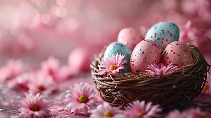 Obraz na płótnie Canvas AI Generated Painted eggs with lovely flower in a basket for Happy Easter holiday.