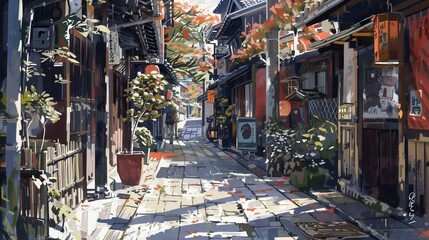 image of a walking tour in Kyoto, Japan, inspired by the style of Hinchel. Infuse elements of...