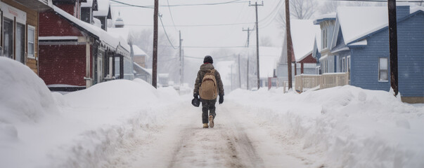 Young boy is going to school with school bag during winter - obrazy, fototapety, plakaty