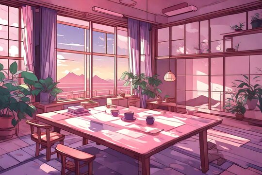 A Beautiful Japanese Room At Sunset Anime Cartoonish Artstyle. Cozy Lofi Asian Architecture, Aesthetic Wallpaper For Mobile Phone, Pink, Green And Purple Pastel Colors, Window, Table