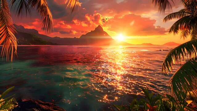 Golden Sunset Over Tropical Island with Palm Trees, Tranquil Evening Scene. Seamless Looping 4k Video Animation