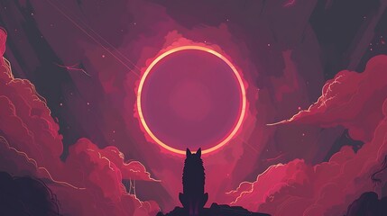 an AI image featuring a wolf facing away, surrounded by a solar eclipse and clouds, using a minimalist flat style and a triadic sapphire color scheme , Attractive look