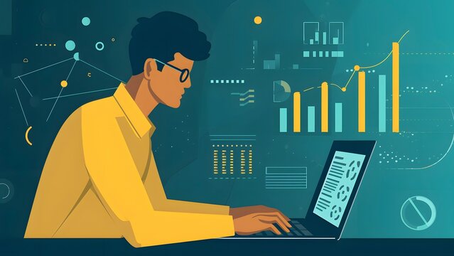 Cartoon illustration of a person with yellow shirt working on computer at desktop. Graphs and charts on background wallpaper. Business purpose technology illustration.