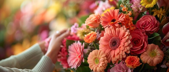 Florists hand arranging a bouquet of flowers