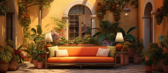 Fototapeta na wymiar Private estate courtyard with orange and beige sofa, potted plants, and street lamp.