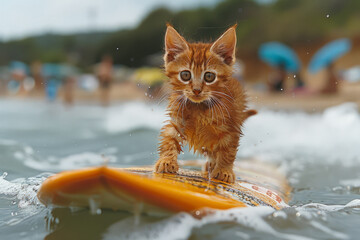 A beautiful kitten surfer conquers the waves of the ocean