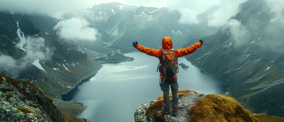 Traveler standing at the edge of a mountain arms wide open - obrazy, fototapety, plakaty