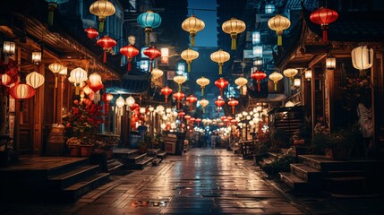 a street with lanterns and people walking around