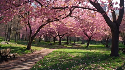 Blossoming cherry trees in a serene park