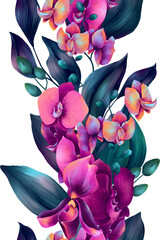 Vertical seamless border with watercolor orchid flowers in neon colors - 759080963