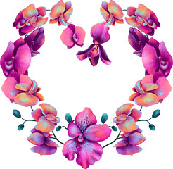 Heart made of watercolor colorful orchid flowers, copy space