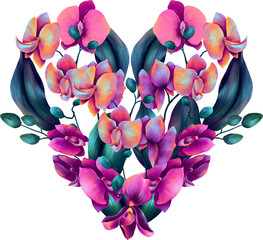 Heart made of watercolor colorful orchid flowers and deep green leaves - 759081169