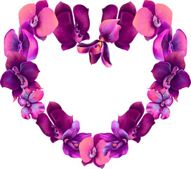 Heart shaped frame with watercolor magenta pink and purple orchid flowers, copyspace