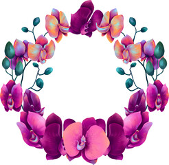 Round frame of watercolor tropical bright pink orchid flowers