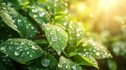 Raindrops on fresh green leaves under sunlight