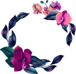 Round wreath of watercolor orchid flowers and deep blue foliage - 759081389