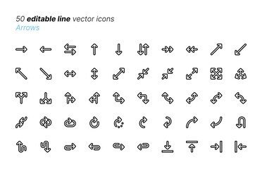 Arrows. 50 editable stroke vector icons, each on its own layer. Named.
