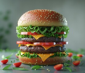 a double cheeseburger with tomatoes and lettuce