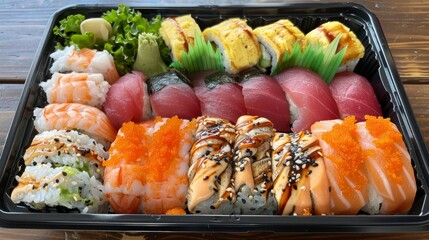 Assorted sushi set in a takeout container