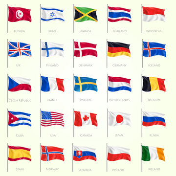 twenty five isolated waving national flags white with inscription countries names realistic
