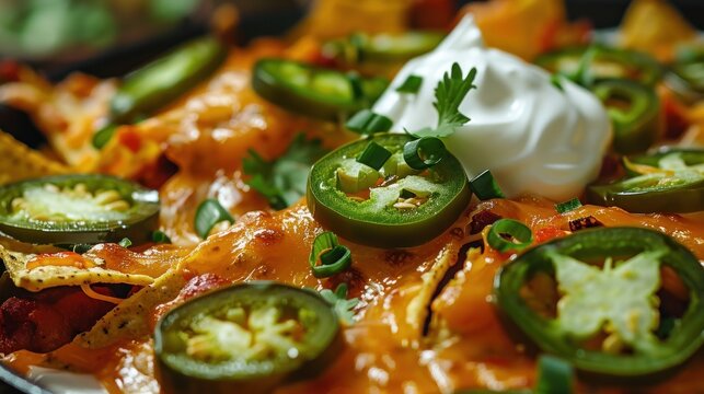 Cheesy nachos with jalapenos and sour cream